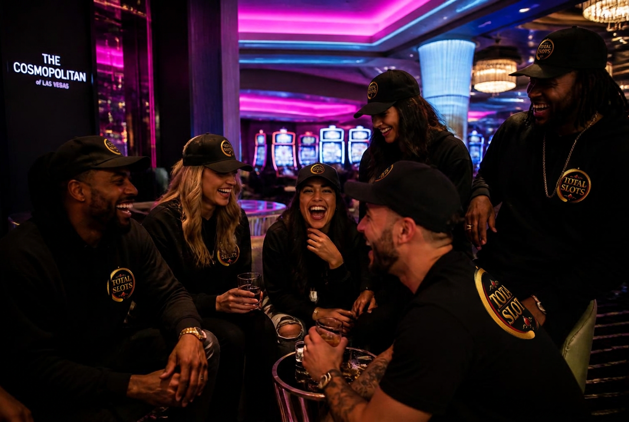 Friends in Total Slots apparel laughing together in a casino resort lounge