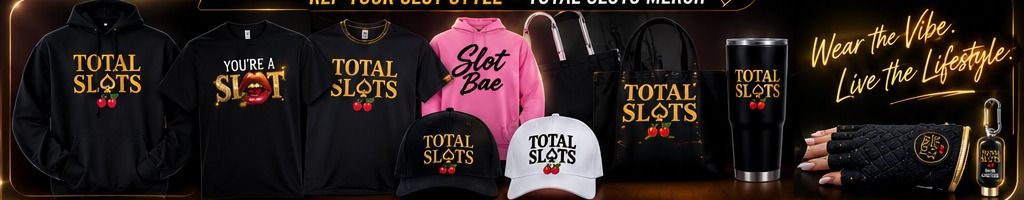 Total Slots merchandise lineup: hoodies, tees, caps, totes and tumblers