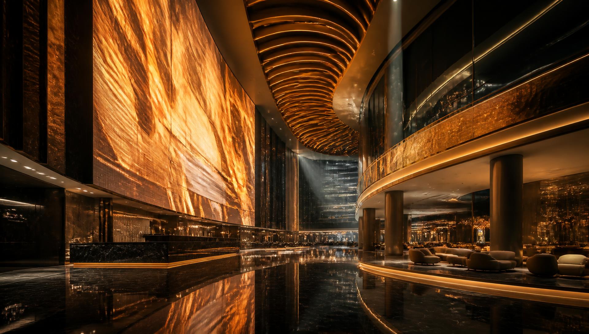 Grand atrium of a modern luxury casino resort with glowing LED walls and polished marble reflections